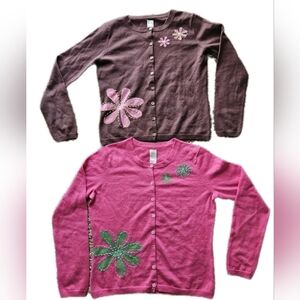 Garnet Hill Floral Embellished Flower Cardigan Sweaters Pink & Brown Size Small